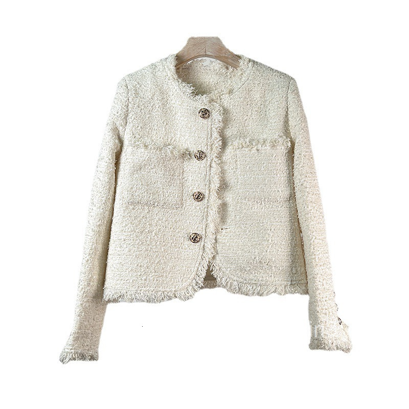 French Design Texture Small Fragrance Coat Womens Tweed Tassel Round Neck Temperament Pocket Celebrity Network Red Book Spring and Autumn New