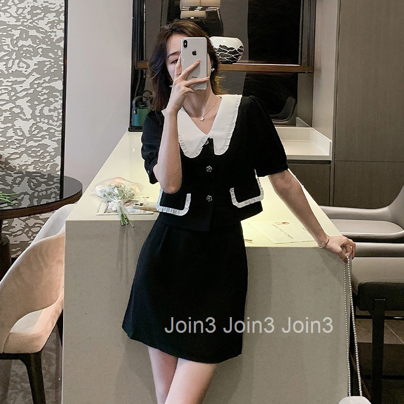 Summer New Style Socialite Plus Size Women Doll Collar Slimming Short Sleeve Top Shirt + Skirt Set