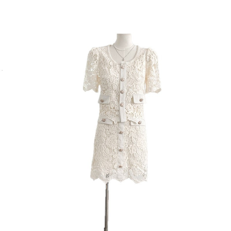 Summer New Fashionable Socialite Design Two-Piece Set Slimming Lace Hollow Short Sleeve Top + Short Skirt Set for Women