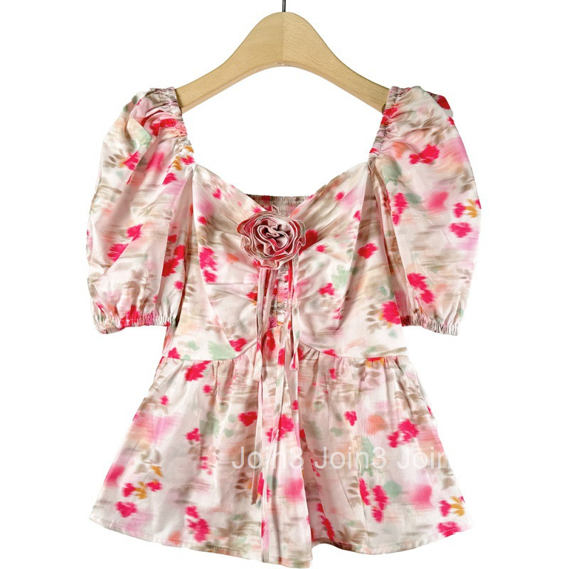 Off-Shoulder Floral Shirt for Women Summer New Design Slim Short Sleeve Top Short Style