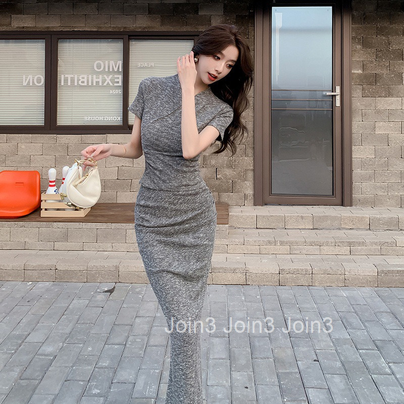 Summer New Elegant Cross V-neck Slim Short Sleeve T-shirt Top + Long Skirt Two-piece Set for Women