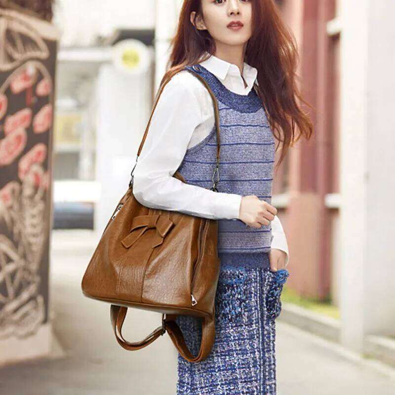 Anti-Theft Women's Backpack Fashion Bow Leather Women Vintage Large Capacity Girl's School Bag Female Travel Backpacks