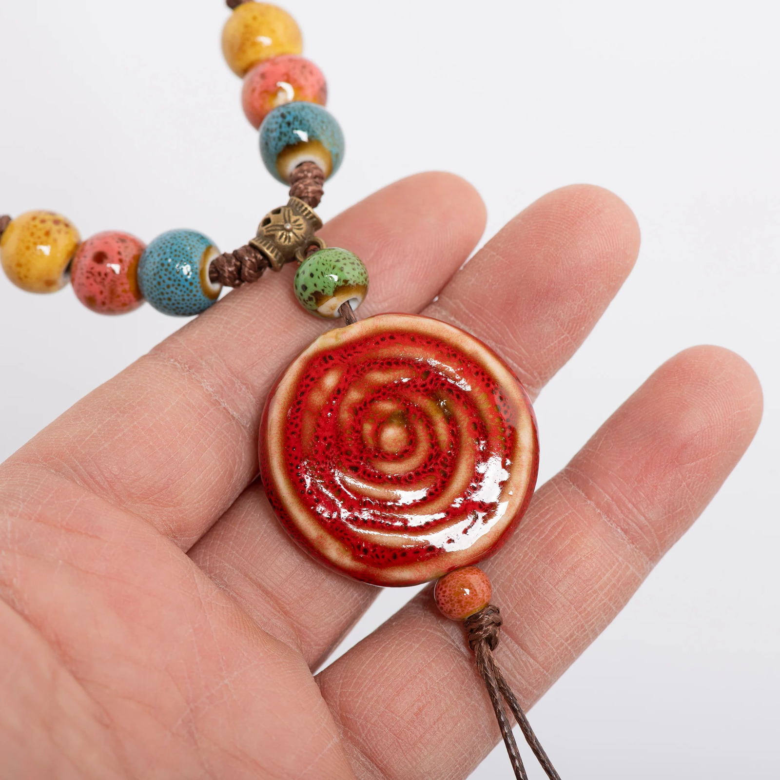 Handmade Red Pattern Ceramic Necklace Adjustable Vintage Pendant Boho Long Necklace Accessories 1107 250729