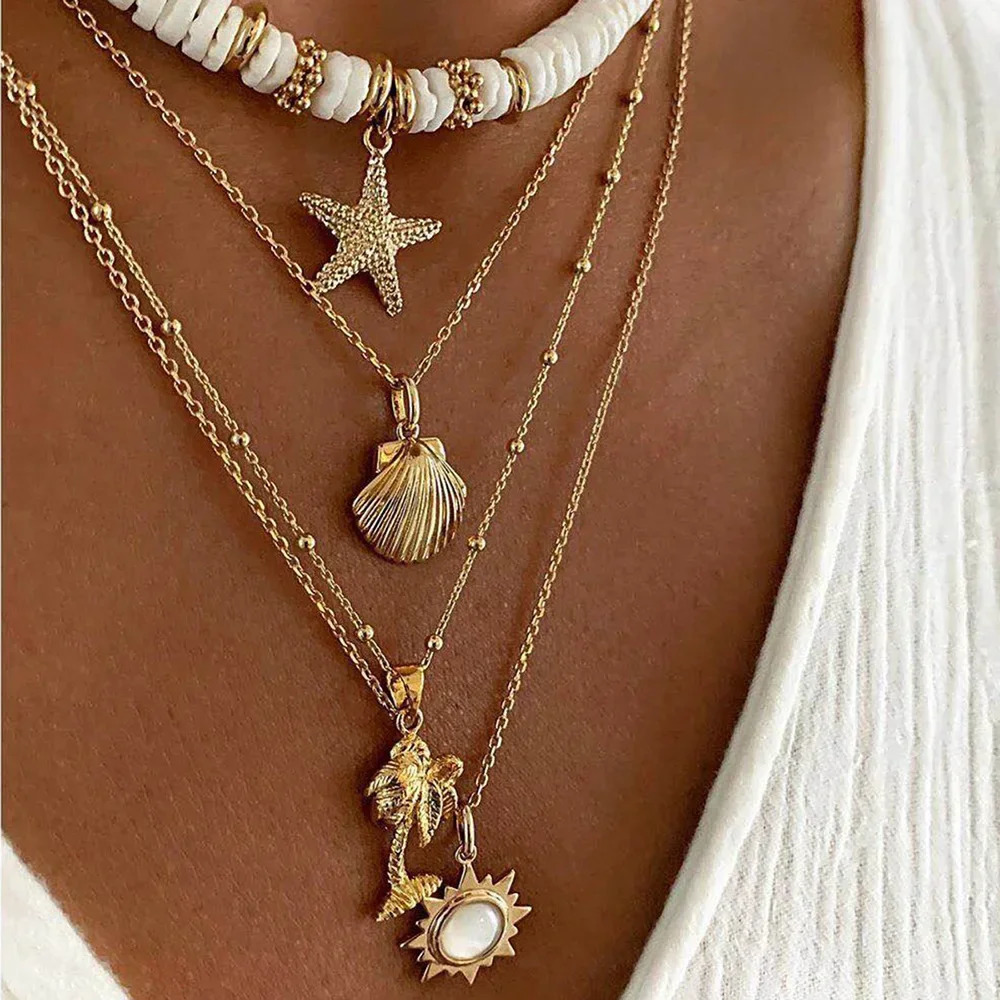 Fashion Bohemia Soft Clay Shell Star Sun Pendant Chain Layered Necklace for Women Girls Summer Beach Simple Layered Necklace 250729