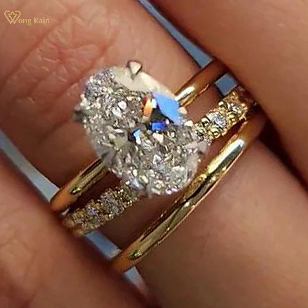 Wong Rain Vintage 925 Sterling Silver Oval Cut 8*12 MM Lab Sapphire Gemstone Wedding Party Ring Sets 3Pcs Fine Jewelry Wholesale 250729