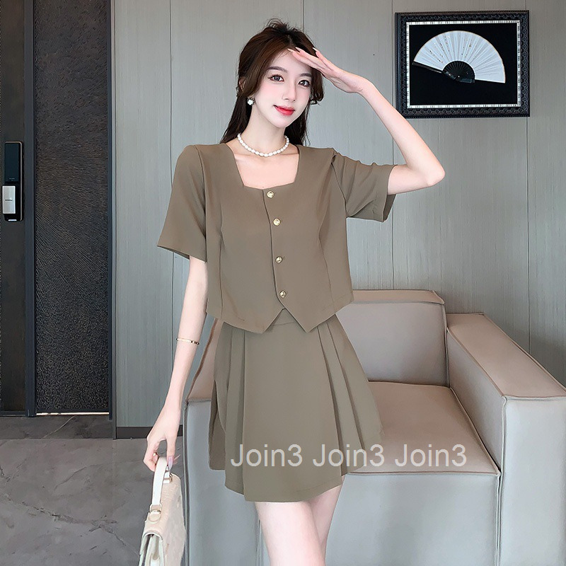 Summer New French Fashion Slimming Square Neck Short Sleeve Top + Shorts Skirt Two-Piece Set for Women