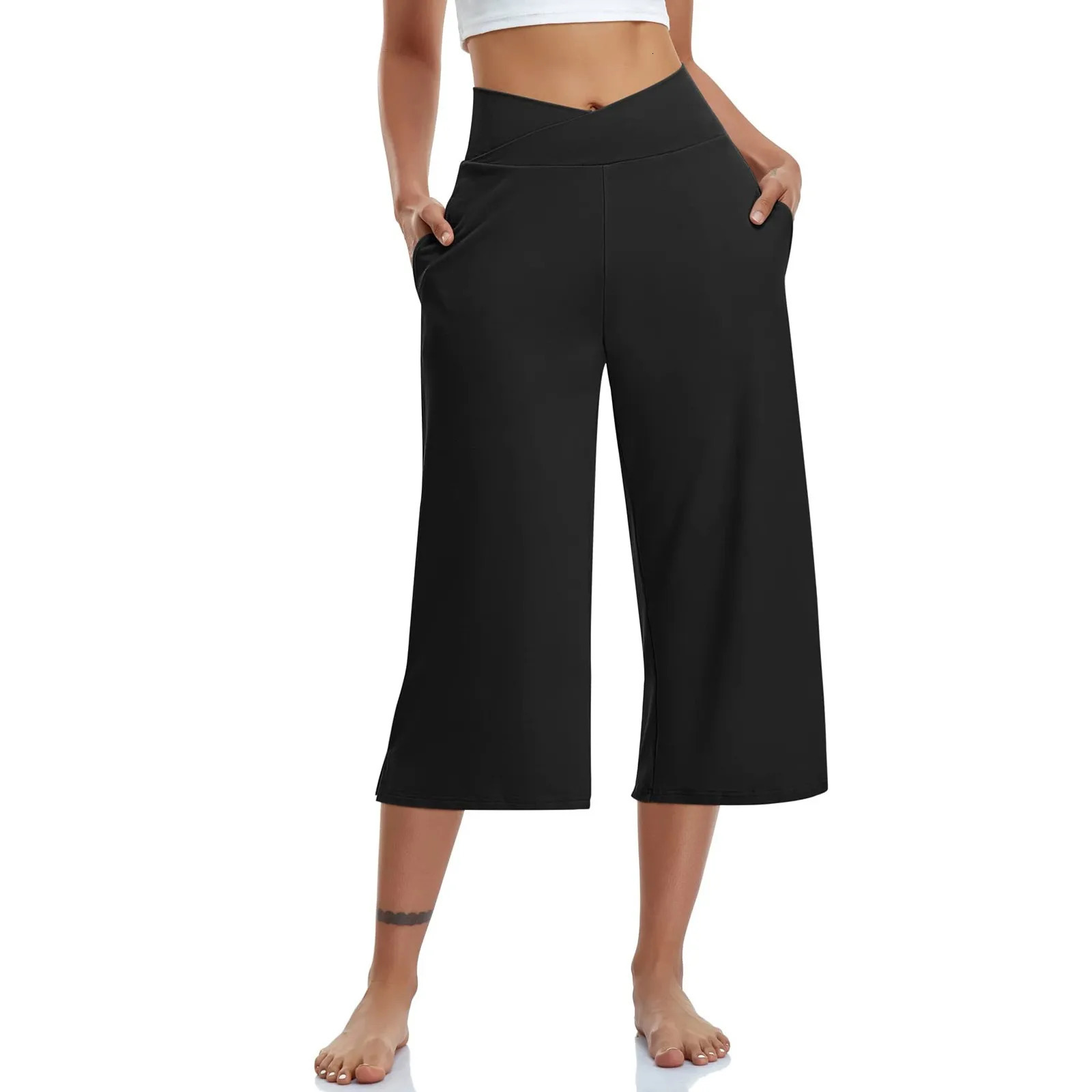 Spring and Summer Women Elastic High Waist 34 Pants Solid Casual Active Fit Wide Leg Trousers With Pockets 250704