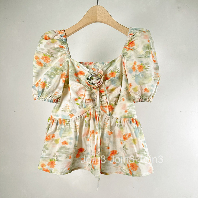 Off-Shoulder Floral Shirt for Women Summer New Design Slim Short Sleeve Top Short Style