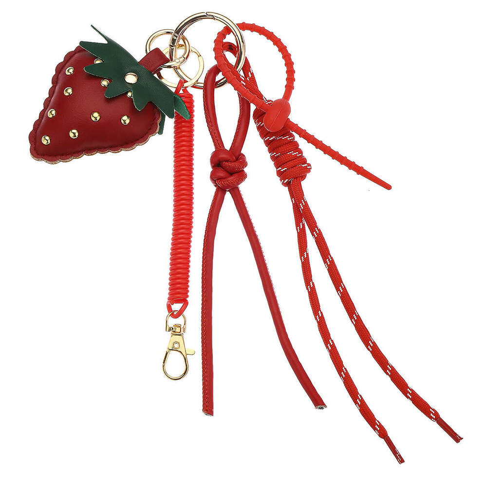 Cute Strawberry Keychain MIU Style Leather Braided Rope Heart Phone Chain Bag High-end Pendant