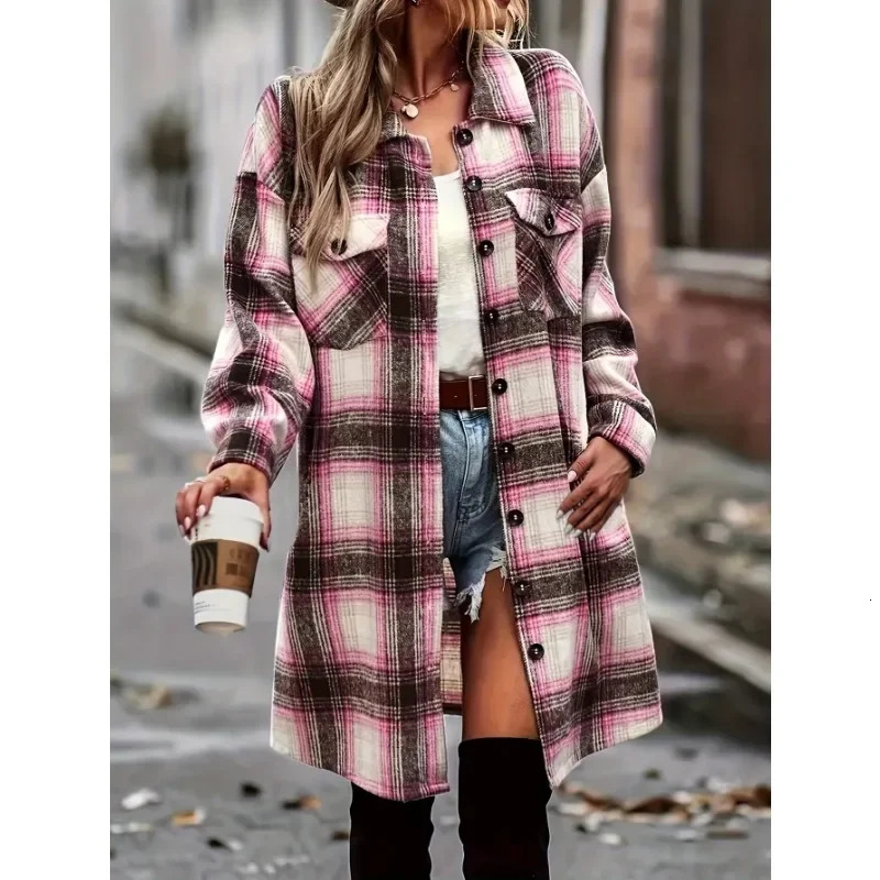 Plus Size Casual Plaid Coats Women Windbreaker Long Sleeve Button Shirt Jacket Fashion Print Pocket Coat Female 250729