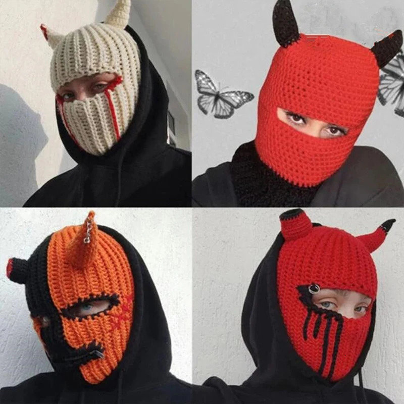 Winter Women Halloween Devil Horns Creative Knitted Hat Men Warm Full Face Cover Funny Balaclava Hats Outdoor Ski Mask Cap 250724
