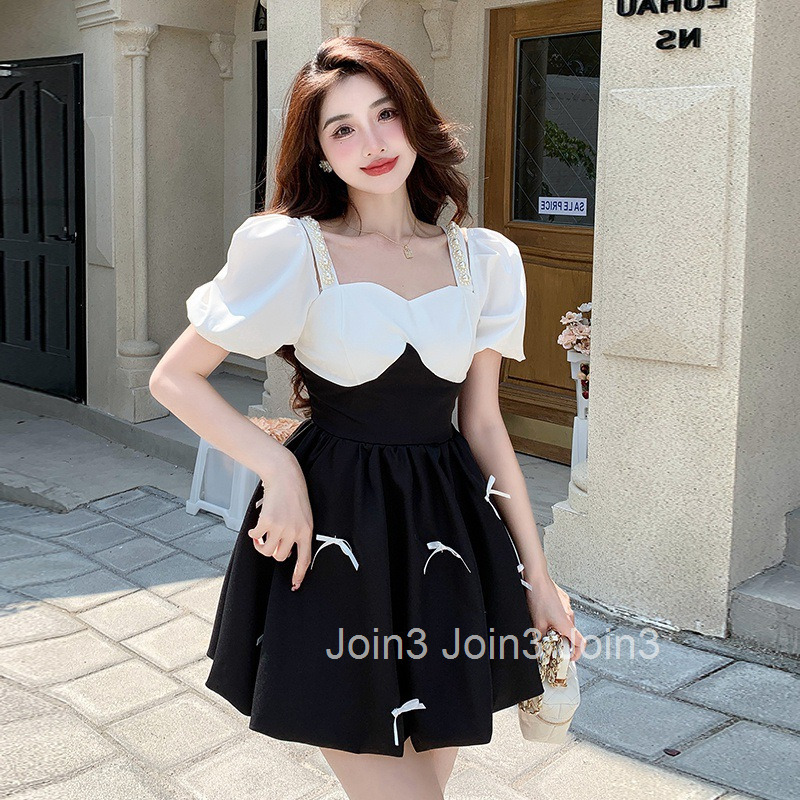 Summer New Womens French Beaded Black and White Fashion Slim Bow Tie High Waist Short Sleeve Dress Short Skirt