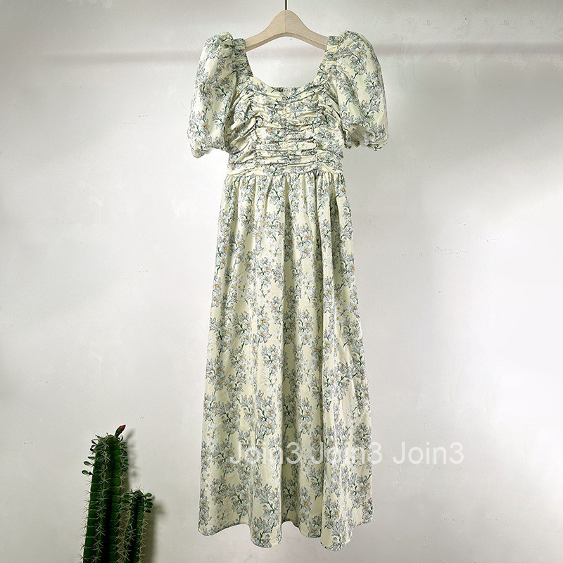 Summer Womens New French Fashion Waist-Cinching High-Waist Floral Dress Off-Shoulder Short Sleeve Mid-Length Dress