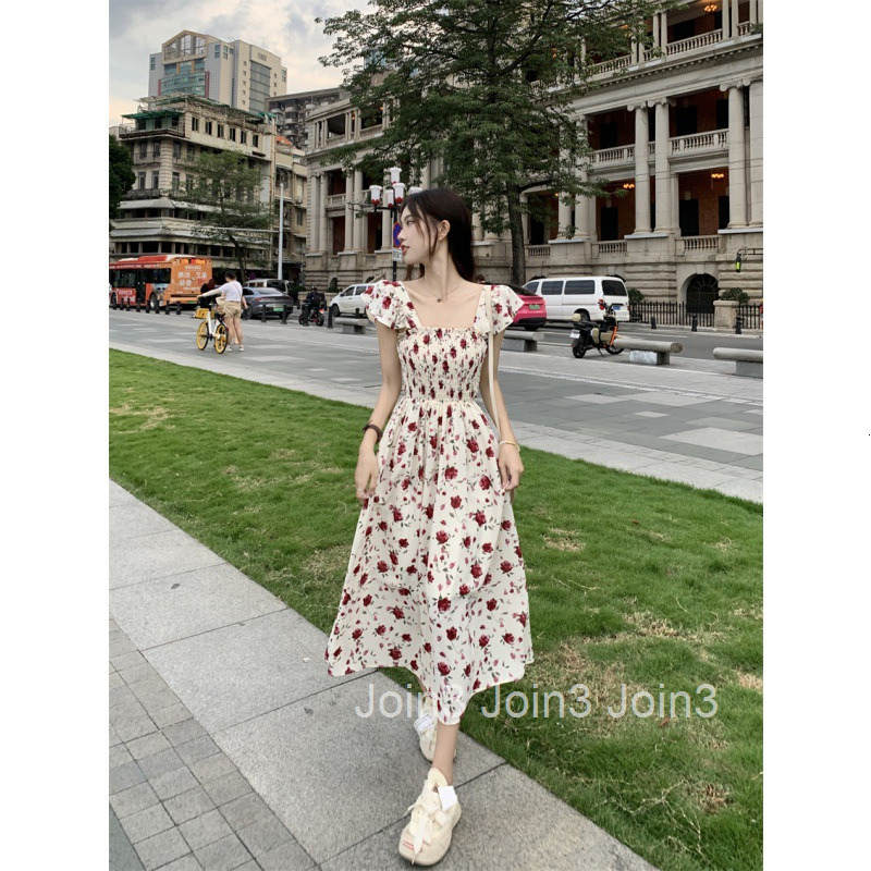 Summer New French Style Elegant Strap Long Dress Vacation Waist-Cinching Floral Print Small Flutter Sleeve Dress