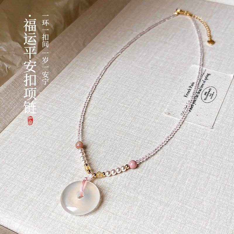Chinese Style Pink Peace Buckle Braided Rope Pendant Necklace for Women 2025 New Jewelry High-end Light Niche Choker Jewelry for Women