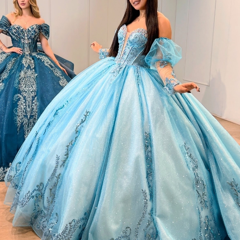 Sky Blue Shiny Quinceanera Dresses Off The Shoulder Sequin Appliques Lace Beads Tull Ball Gown Vestidos De 15 Anos Sweet 16 Dress