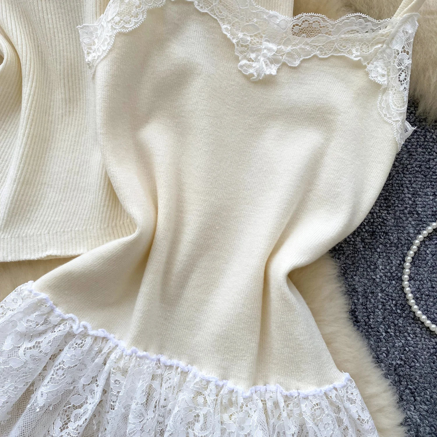 Chic vintage Knit Spliced lace dress Elegant Fairy Korean fashion autumn winter womens clothing Two Piece Set 250729