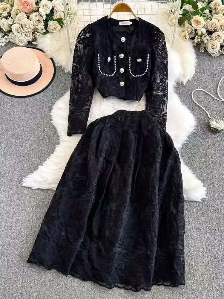 Autumn Elegant Flower Embroidery Lace Two Piece Matching Set Womens Long Sleeve Pearls Button Crop Top Midi Skirts Suits 250728
