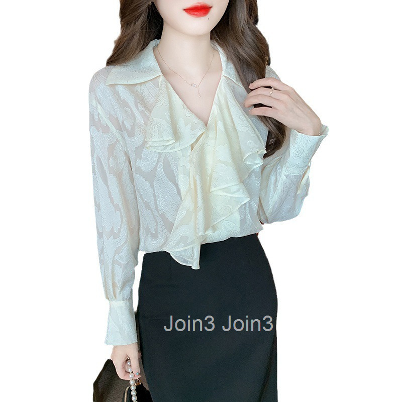 Spring and Autumn French Style Plus Size Womens Fashion Design Ruffled Blouse Chiffon Shirt Womens Blouse Shirt