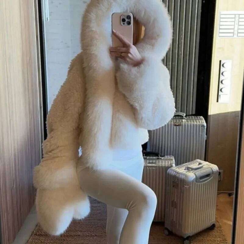 Winter White Hooded Faux Fur Jacket Women Fashion Patchwork Thick Warm Fluffy Plush Short Coat 2025 Lady High Streetwear