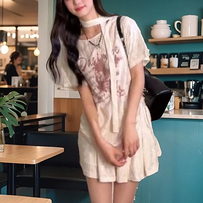 Summer Harajuku Letter Print Grunge Tshirts Loose Streetwear Oversized Tops Women Y2k Aesthetic Casual Drawstring Tees 250704