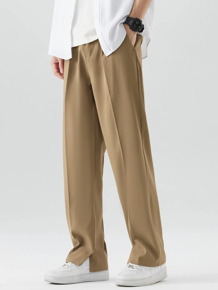 2023 Summer Casual Pants Men Breathable Polyester Korean Fashion SemiWide Banded Waist Slacks Straight Loose Drape Trousers 250729