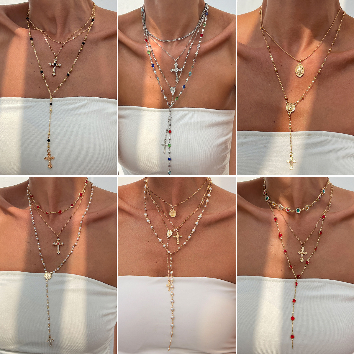 Hip-Hop INS Style Inlaid Dia Cross Pendant Fashion Imitation Pearl Chain Layered Necklace for Women Jewelry for Women
