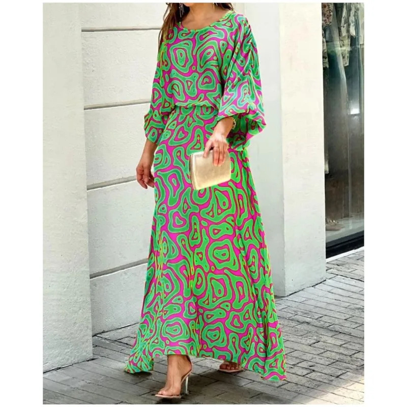 Holiday Printed Shirt And Long Skirt 2-piece Set Half Sleeved Top And Large Pleated Skirt Womens Flared Sleeve Skirt Set Suit 250728