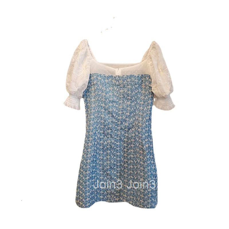 Summer New Style Socialite Chic Fashionable Elegant Square Neck Embroidered Floral Short Dress Loose Waist Short Sleeve Dress