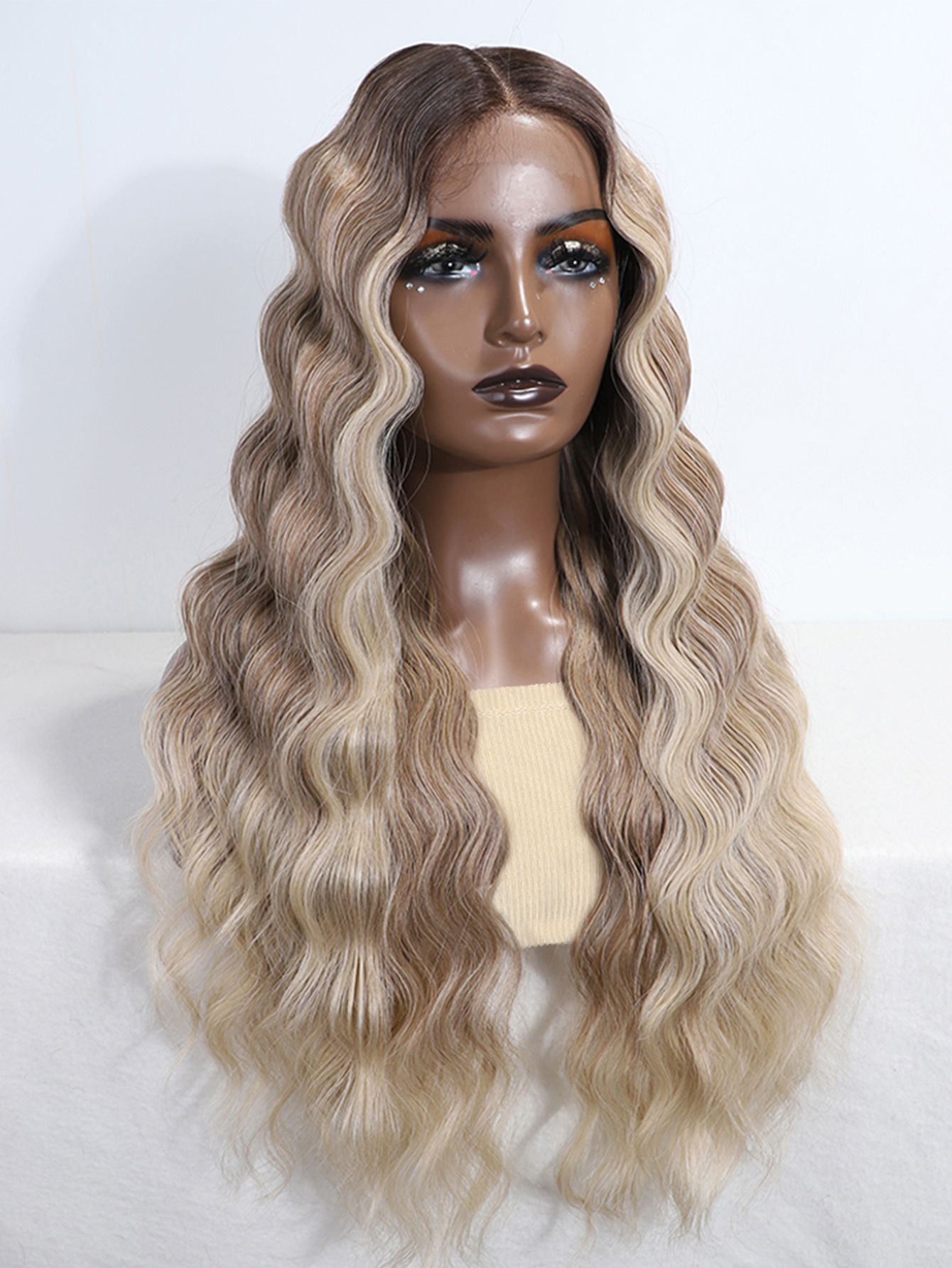 Rebecca Fashion Synthetic Hair 13*4*1 Lace Front Wigs For Women 28 Inch Highlight Honey Brown Body Wave Wig Lace Wig High Temperature Fiber