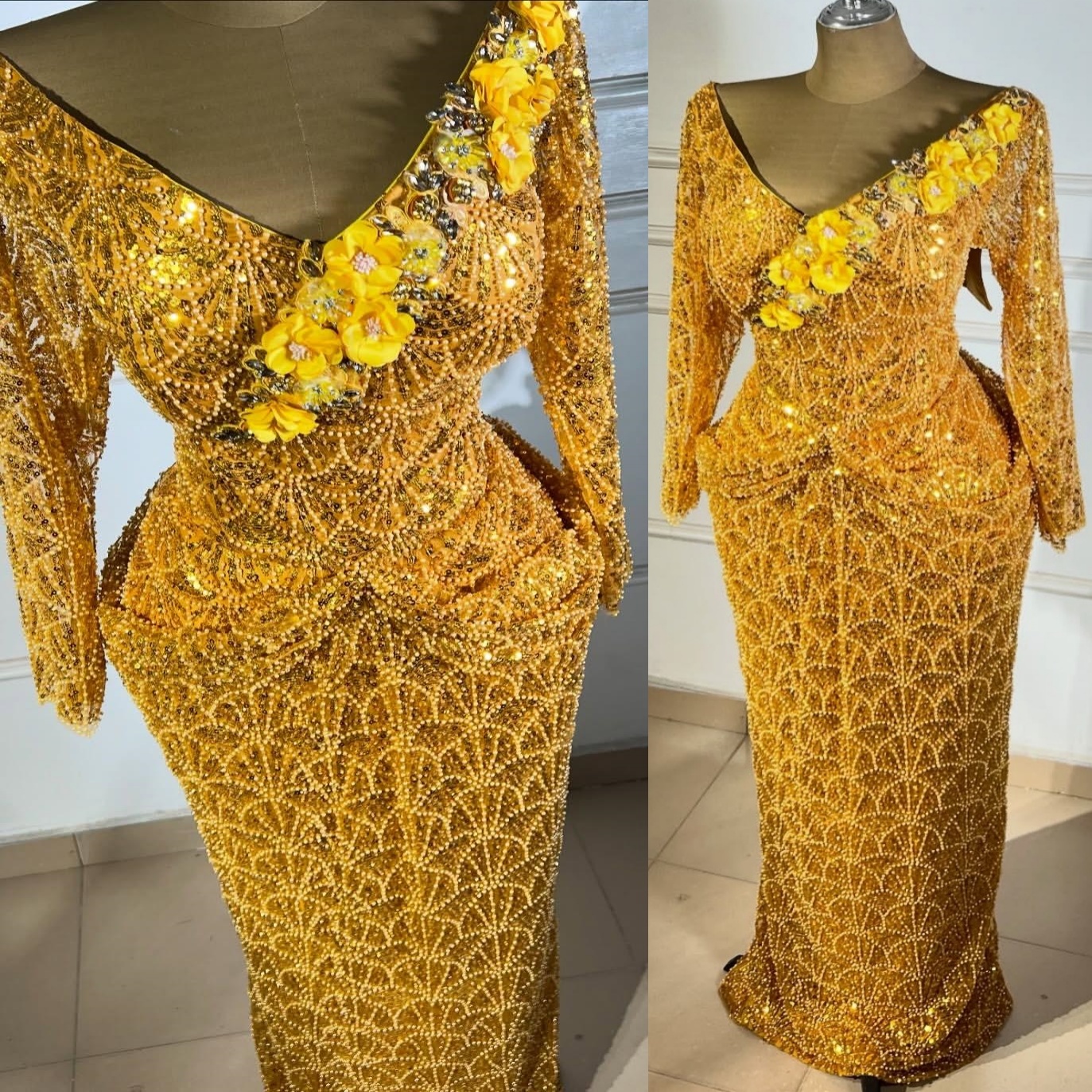 Yellow Sheath Prom Dresses 2025 Flowers Crystals V-neck Sequined Evening Formal Party Second Birthday Engagement Gowns Plus Size Dress For Special Occ