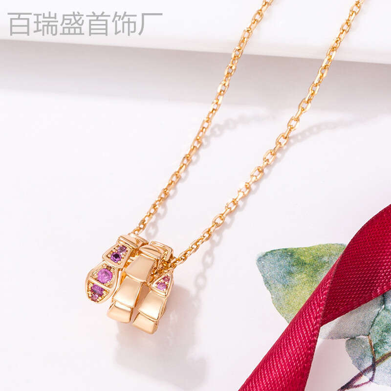 V Circle Head and Tail Smooth Snake Bone Necklace Women, Rose Gold Plated, Fully Inlaid with Dias, Snake-Shaped Double Ring Pendant for Women