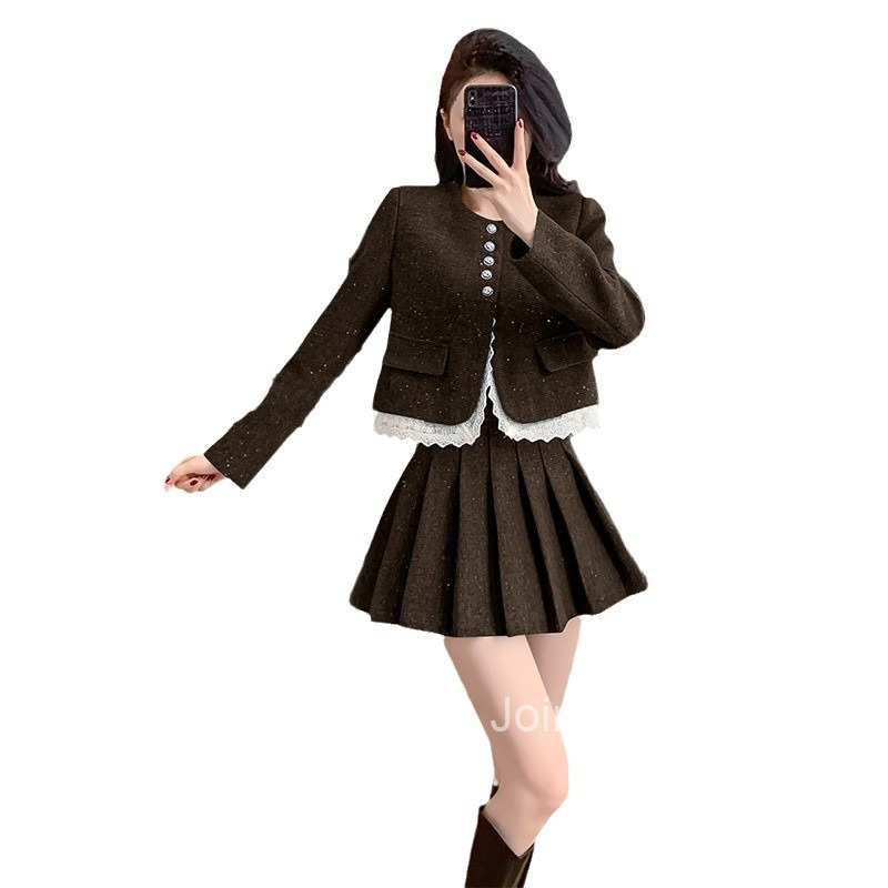 Autumn Winter New French Style Short Skirt Set for Women Lace Trim Sequin Short Jacket Pleated Skirt Two-Piece Set
