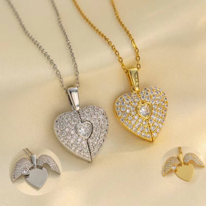 Popular Stainless Steel 18K Gold Heart Necklace Opening Angel Wings Heart Shaped Diamond Pendant Couple Necklaces for Lovers