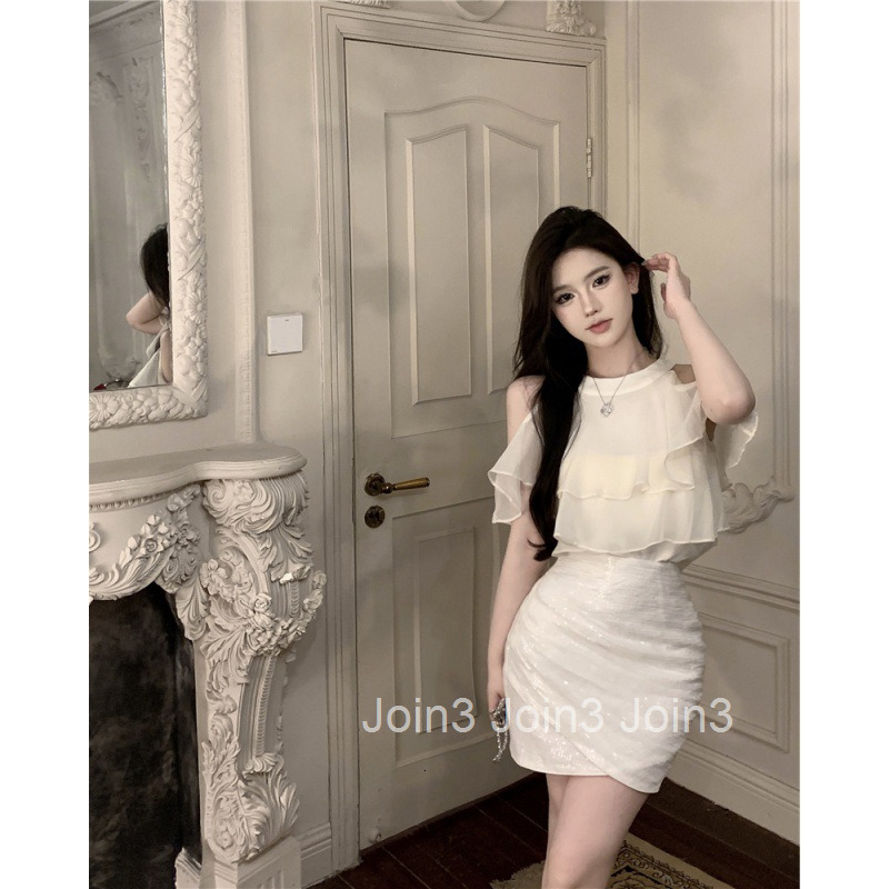 Summer New Women Pure Desire Shirt Off-Shoulder Top + Bodycon Skirt Sequin Short Skirt Set