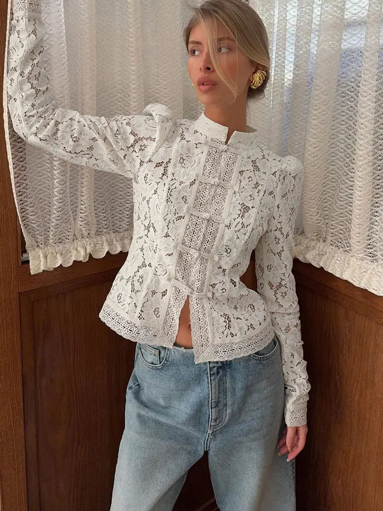Tossy Summer Lace Printed Shirts Tops Female Hollow Out Fashion Commute Vintage SeeThrough Blouse Womens Shrug 250729