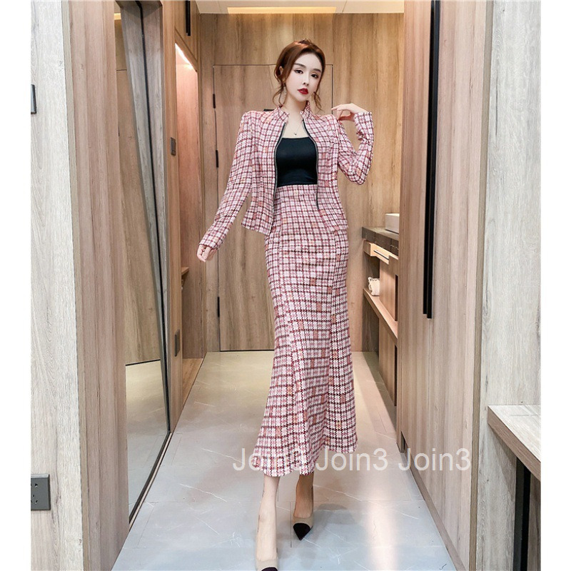Autumn Winter New Fashionable Stylish Internet Celebrity Goddess Suede Plaid Slim Long Sleeve Jacket Bodycon Long Skirt Set