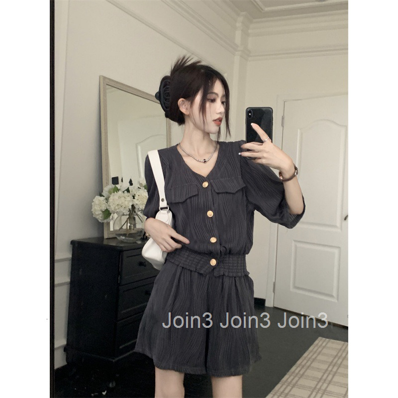 Summer New Socialite Simple Casual High J-Sense Mid-Sleeve Cardigan Top + Wide-Leg Shorts Set for Women