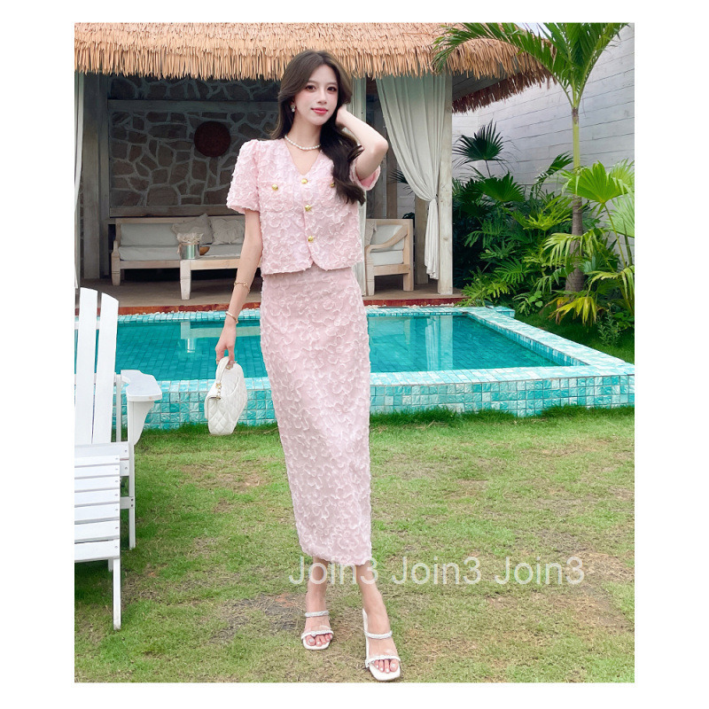 Summer Socialite New Fashion V-Neck Single-Breasted Short Sleeve Top Short + Bodycon Back Slit Long Skirt Set for Women