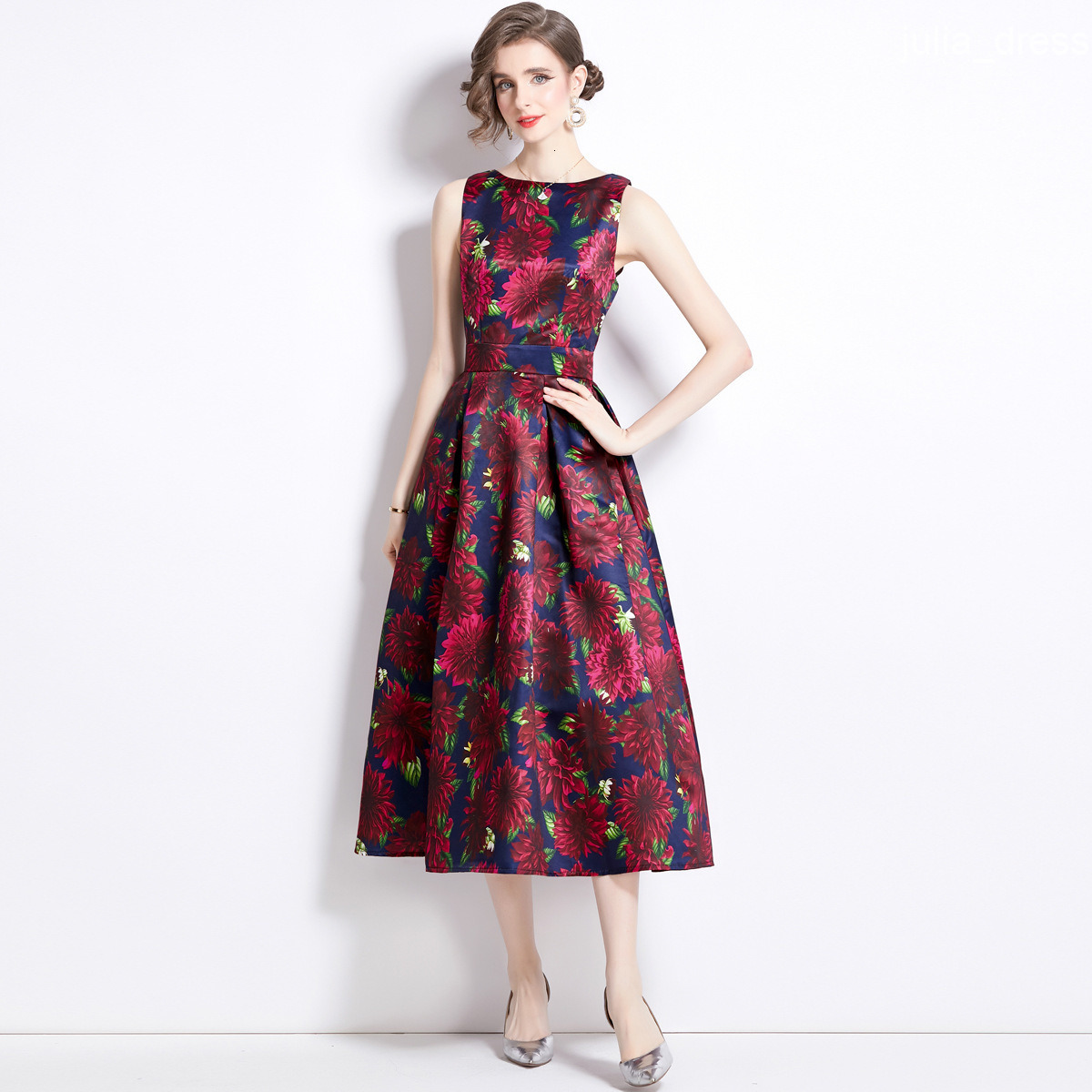 859 Summer New Womens Floral Sleeveless High Waist Long Dress Slim Waist A-line Dress