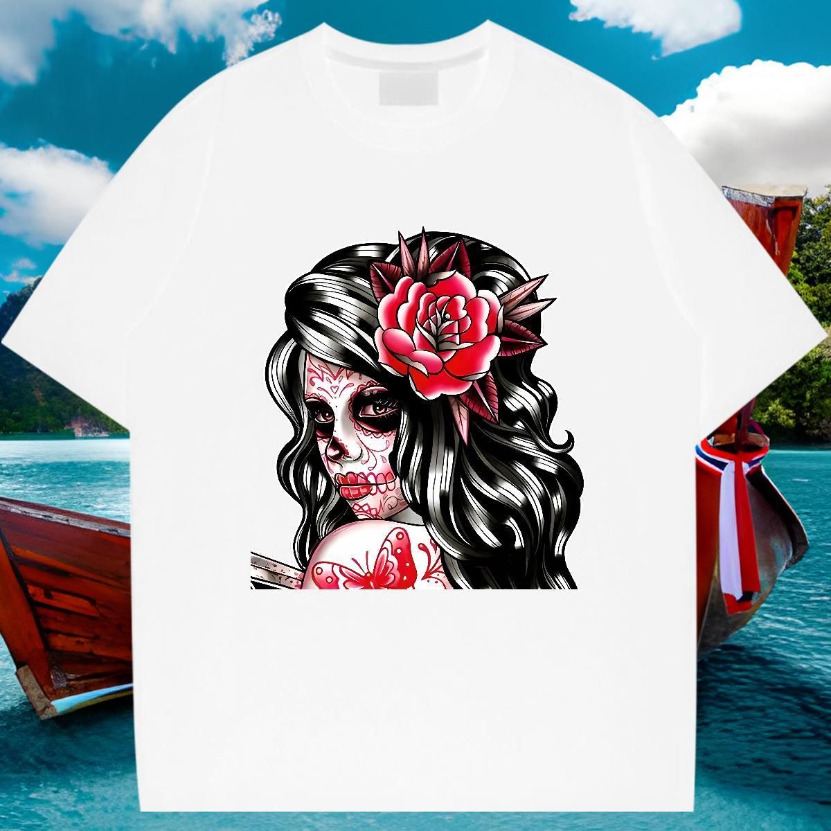 Day of the Dead Pattern Printed Designer T-shirts for Male Summer Short-sleeved O-neck 100% Cotton Black White Oversized Tops