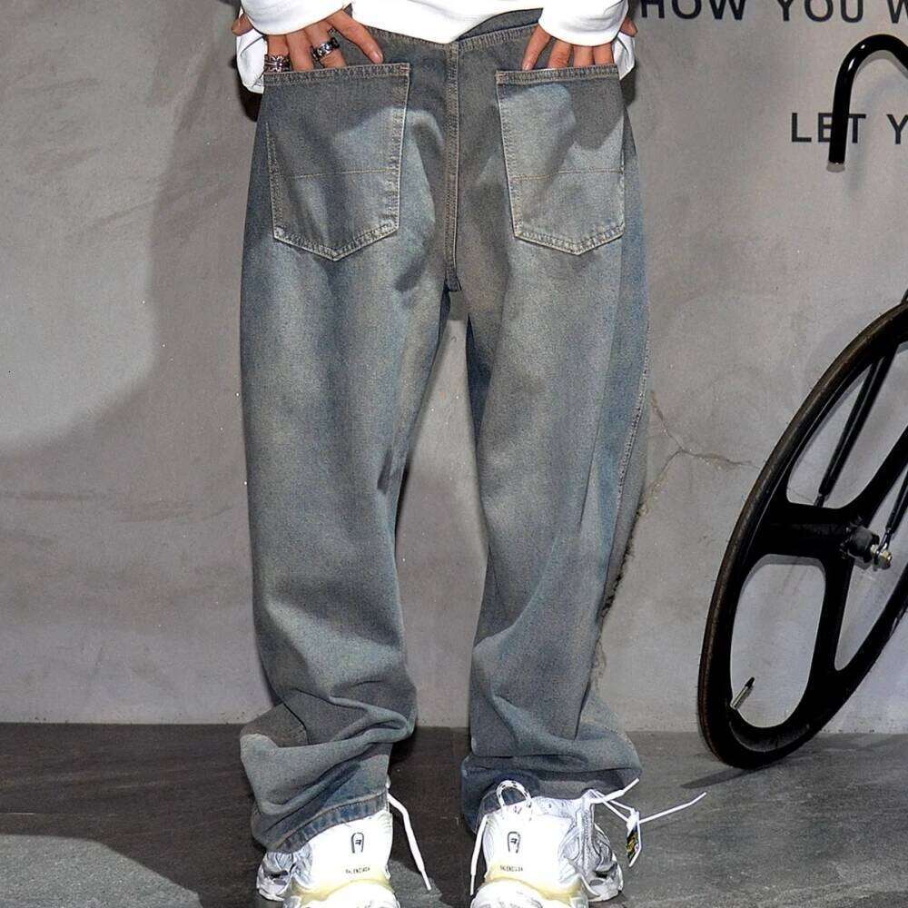 American Streetwear Baggy Jeans For Mens Clothing Vintage Distressed Gray Denim Haruku Casual Skateboard Pants Male 250726