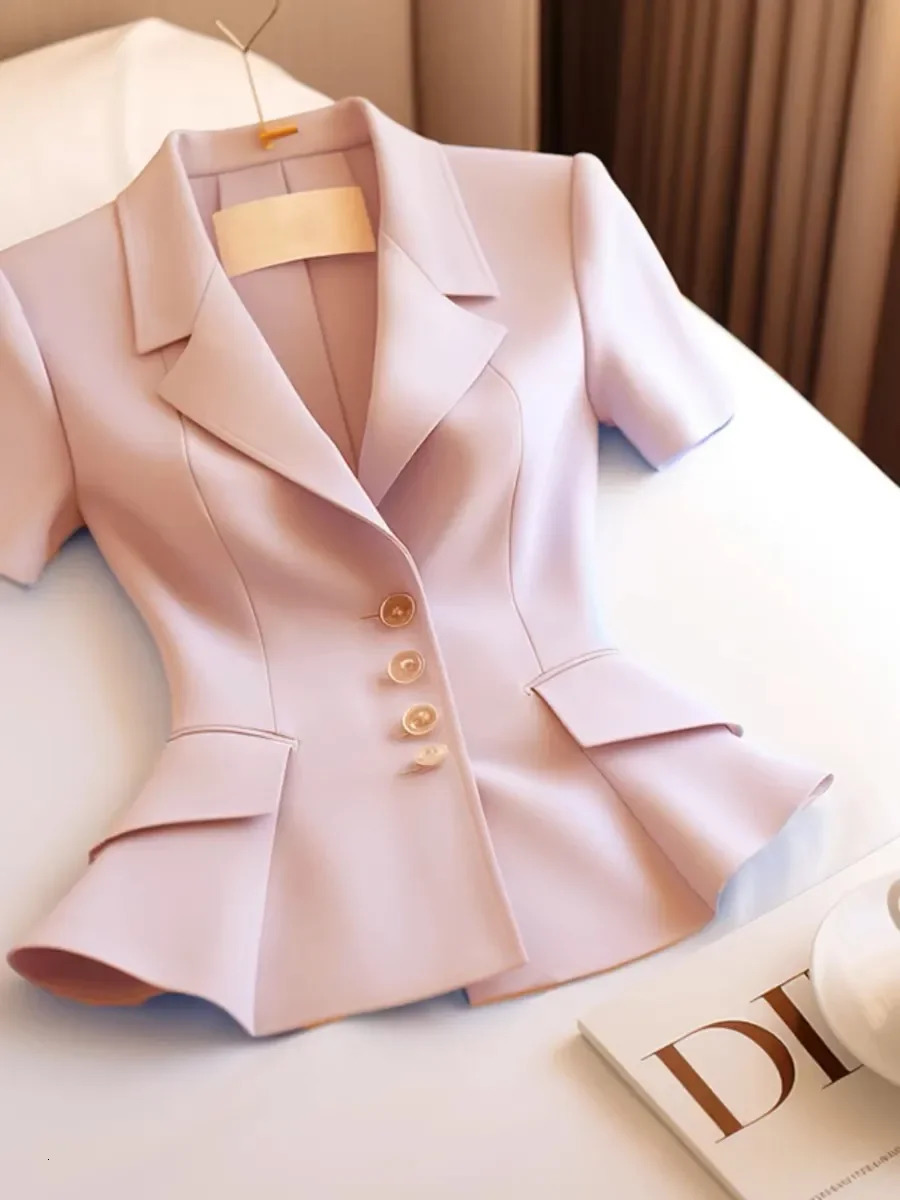 French Highend Suit Women Coat Summer y Fashion Waist Cinching Slimming Short Sleeve Pink Blazer Tops 250715