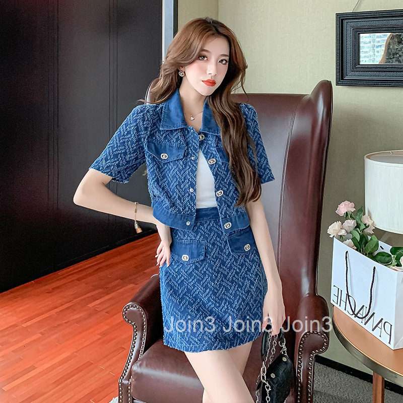 2025 Summer New Fashion Womens Stylish Street Style Short Sleeve Denim Top Bodycon Short Skirt Two-Piece Set for Women
