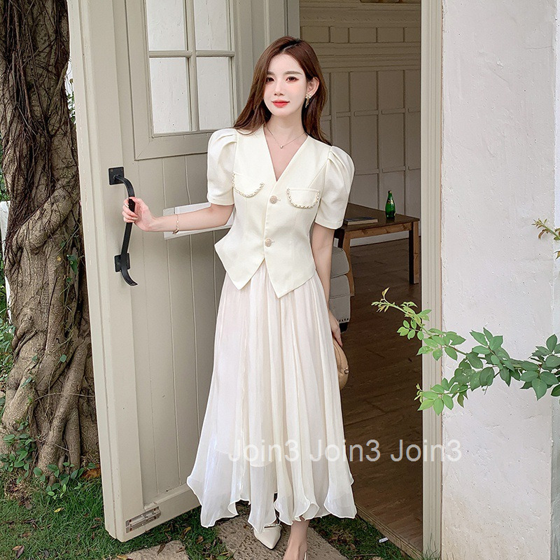 New Summer Womens Fashion Elegant Two-Piece Set Short Sleeve Top Shirt + Chiffon Long Skirt Set