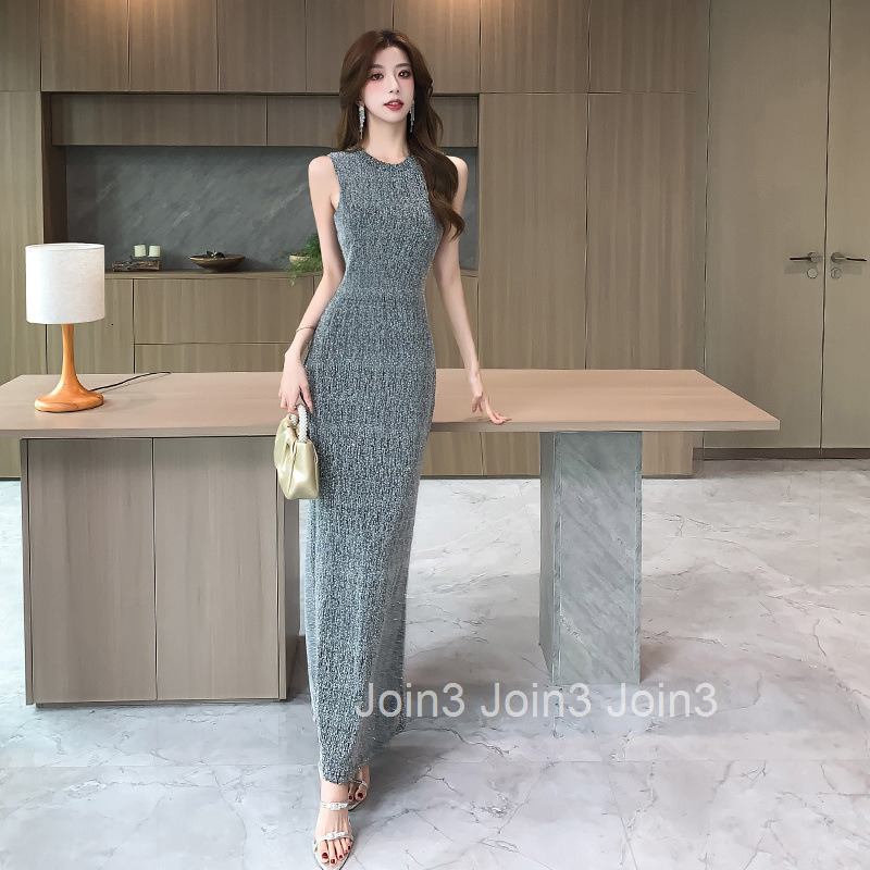 25 Summer New Elegant Socialite Style Shiny Silk Round Neck Slim Fit Tank Top Bodycon Long Dress Sleeveless Dress