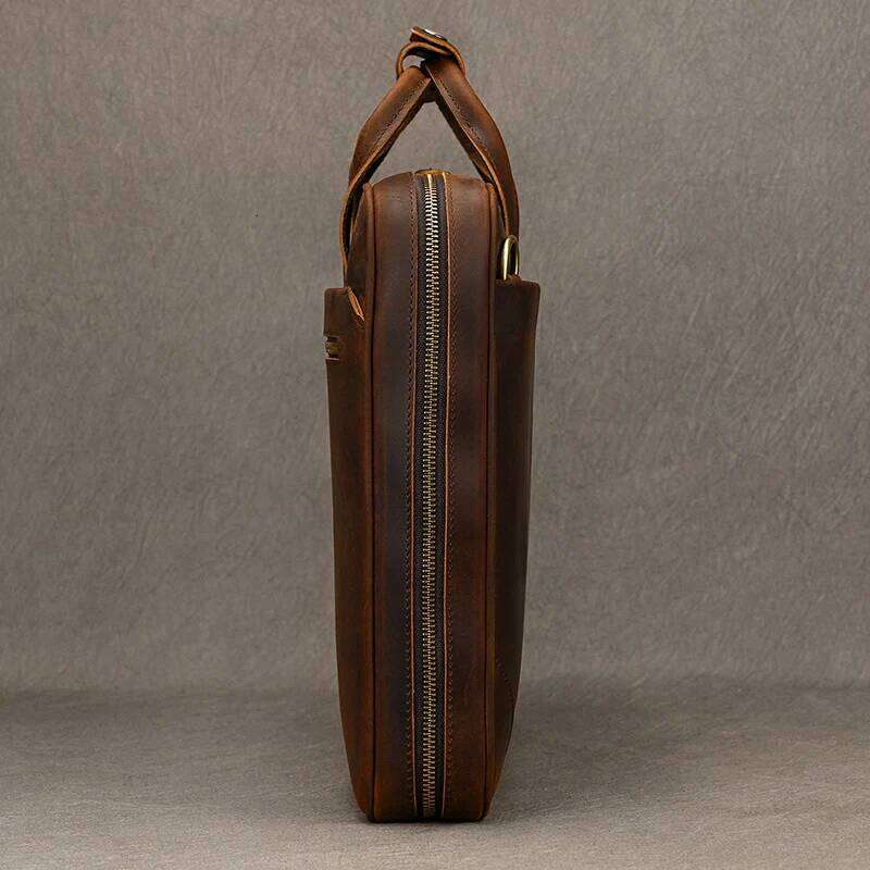 OLOEY Leather men's business commuter leather man briefcase cowhide handbag retro fashion shoulder A4 document laptop bag