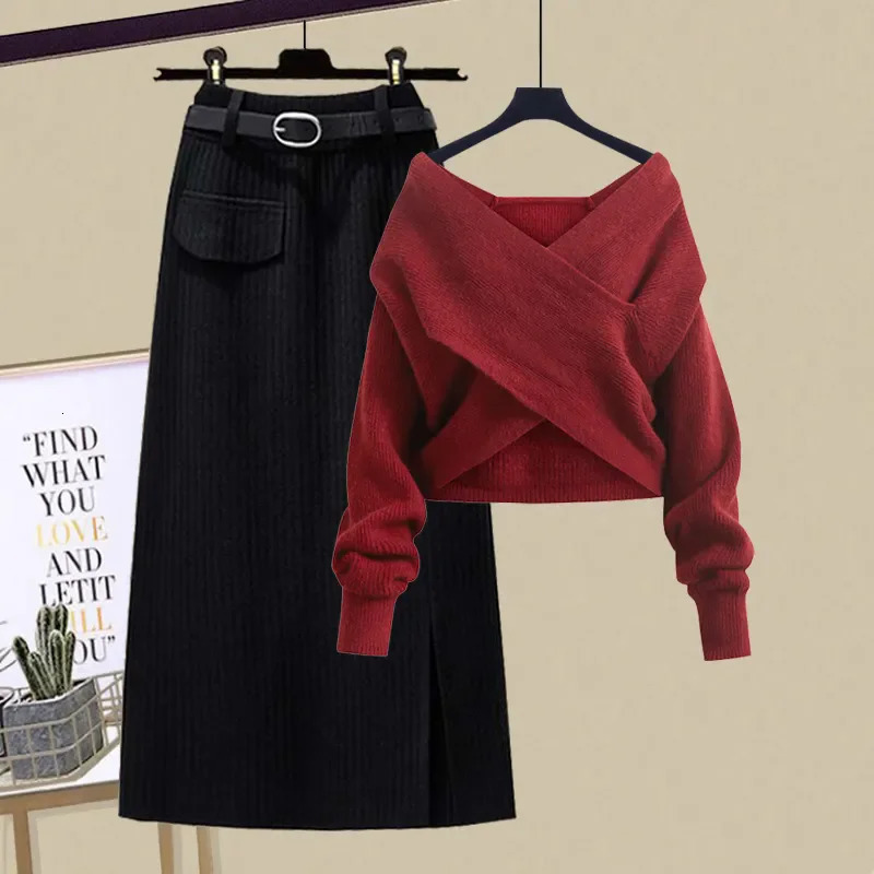 Chic n Knit 2 Pieces Sets Women Casual Vneck Knitwear Sweater Pullover Tops Korean High Waist Skirt Outfit 250729