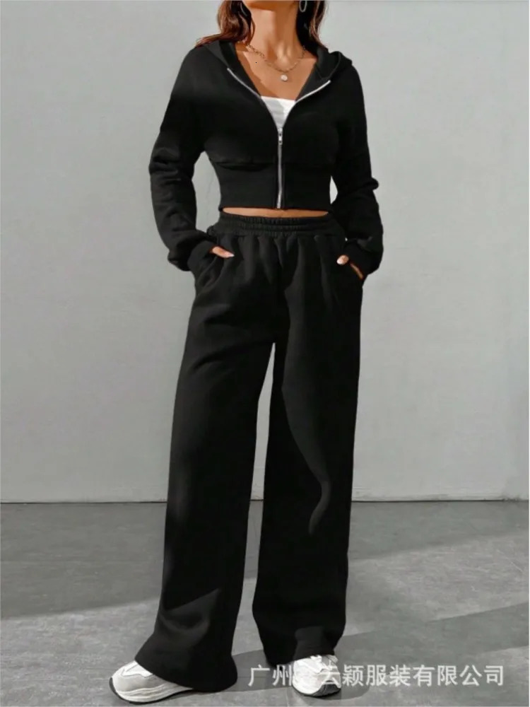 Casual Fashion Hoodie Long Sleeve Zipper Cardigan Sweater Sports Trousers 2Piece Set Autumn Winter Pocket Suit Women 250729