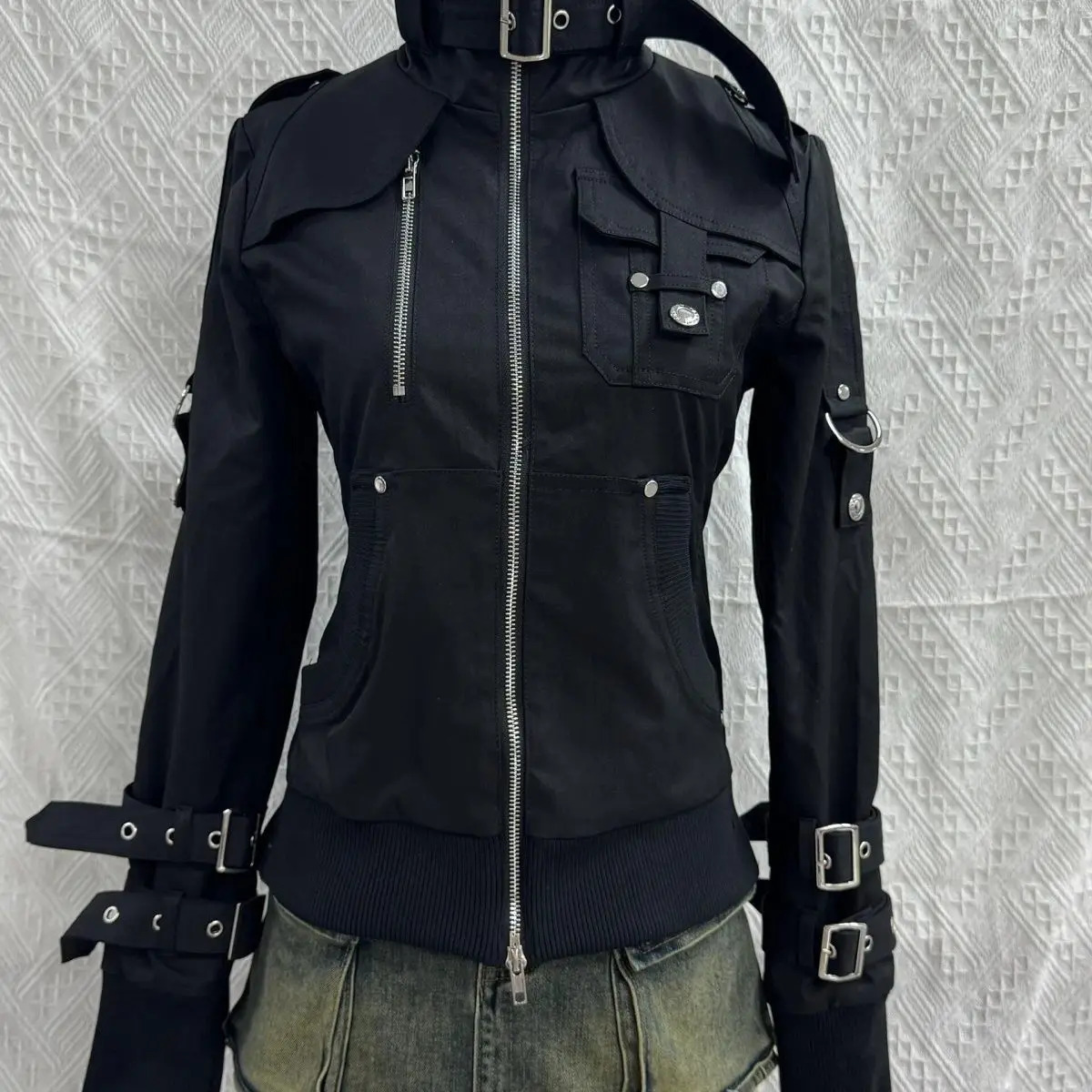 Techwear Style Hip Hop Punk Retro Moto Biker Jacket Outerwear Vintage Y2k Cargo Stand Collar Casual Black Outerwear 250729